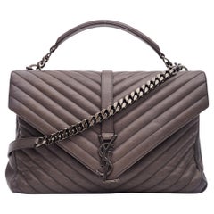 Saint Laurent Leather Chevron College Chain Satchel Bag Grey