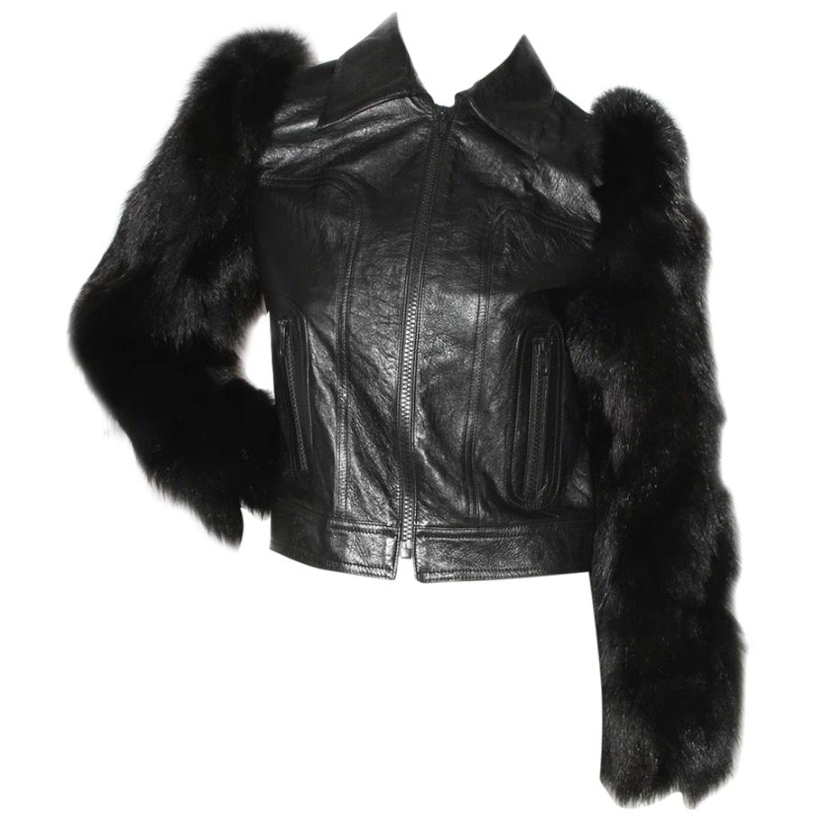 Saint Laurent Leather Jacket with Fur Sleeves