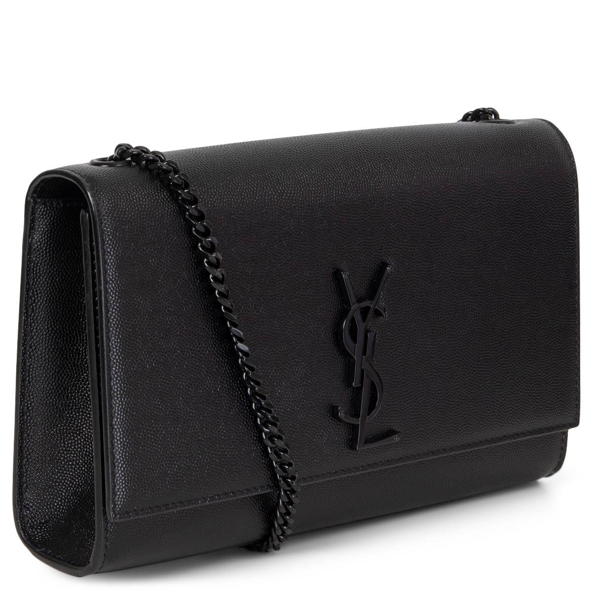 100% authentic Saint Laurent Kate Medium in black Grain De Poudre embossed leather featuring matte black metal chain shoulder strap and YSL initials at front. Open with a magnetic closure at front and is lined in black grosgrain with one slot pocket