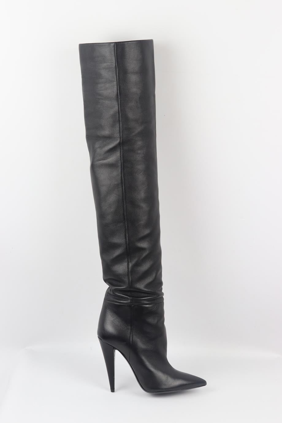 Saint Laurent leather over the knee boots. Black. Pull on. Does not come with dustbag or box. Size: EU 38 (UK 5, US 8). Outersole: 9.5 in. Heel Height: 3.9 in. Shaft: 23.2 in. Thigh: 15.8 in. Very good condition - Worn once. Light wear to soles.
