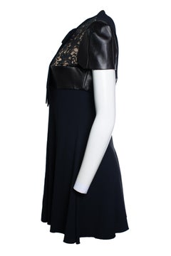 Saint Laurent, leather trim lace panel dress in black