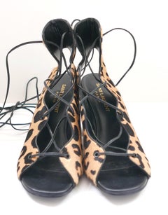 Saint Laurent leopard print calf hair lace-up sandals