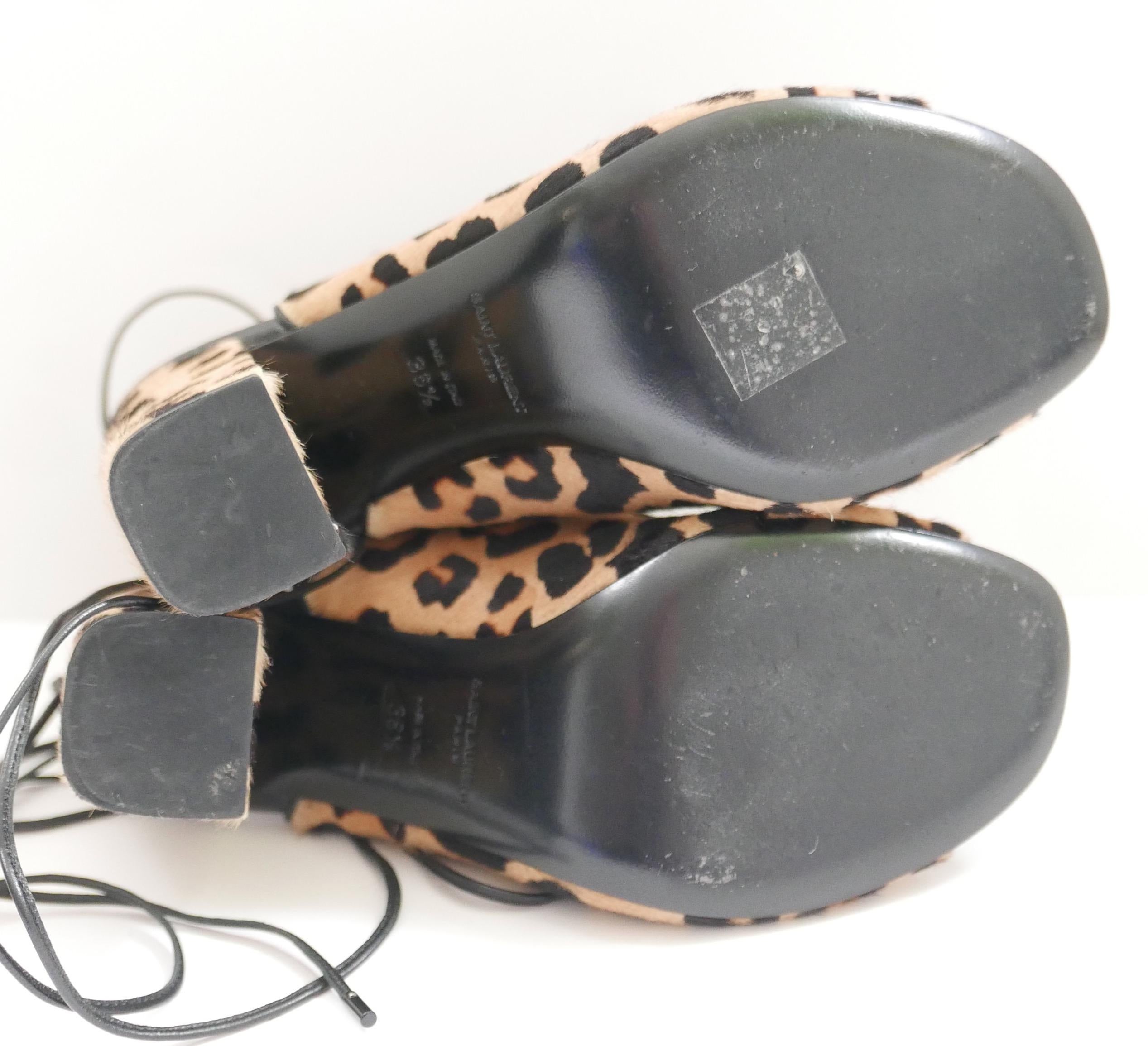 Women's Saint Laurent leopard print calf hair lace-up sandals For Sale