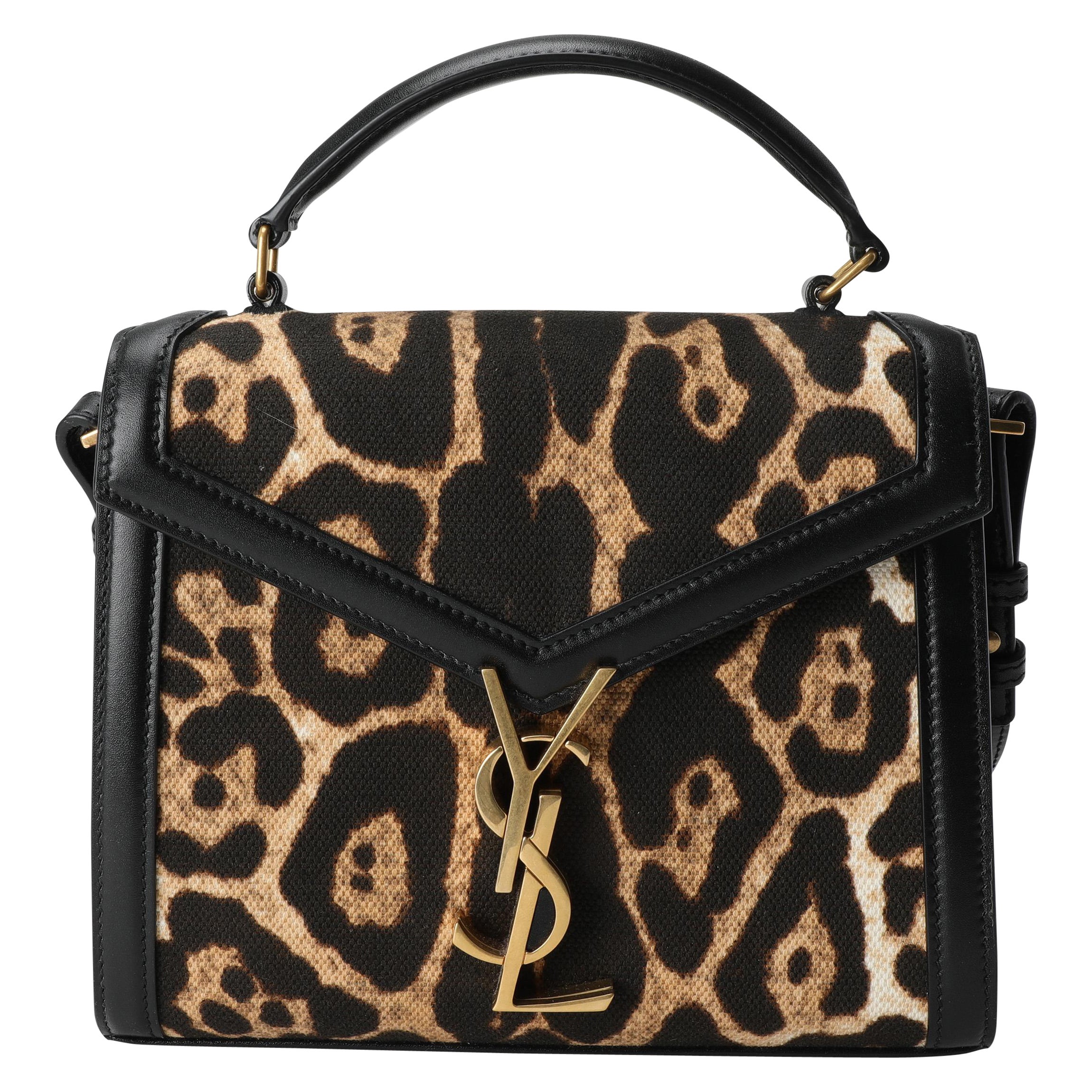 Saint Laurent Mini Cassandra-Tasche aus Segeltuch mit Leopardenmuster und schwarzem Leder