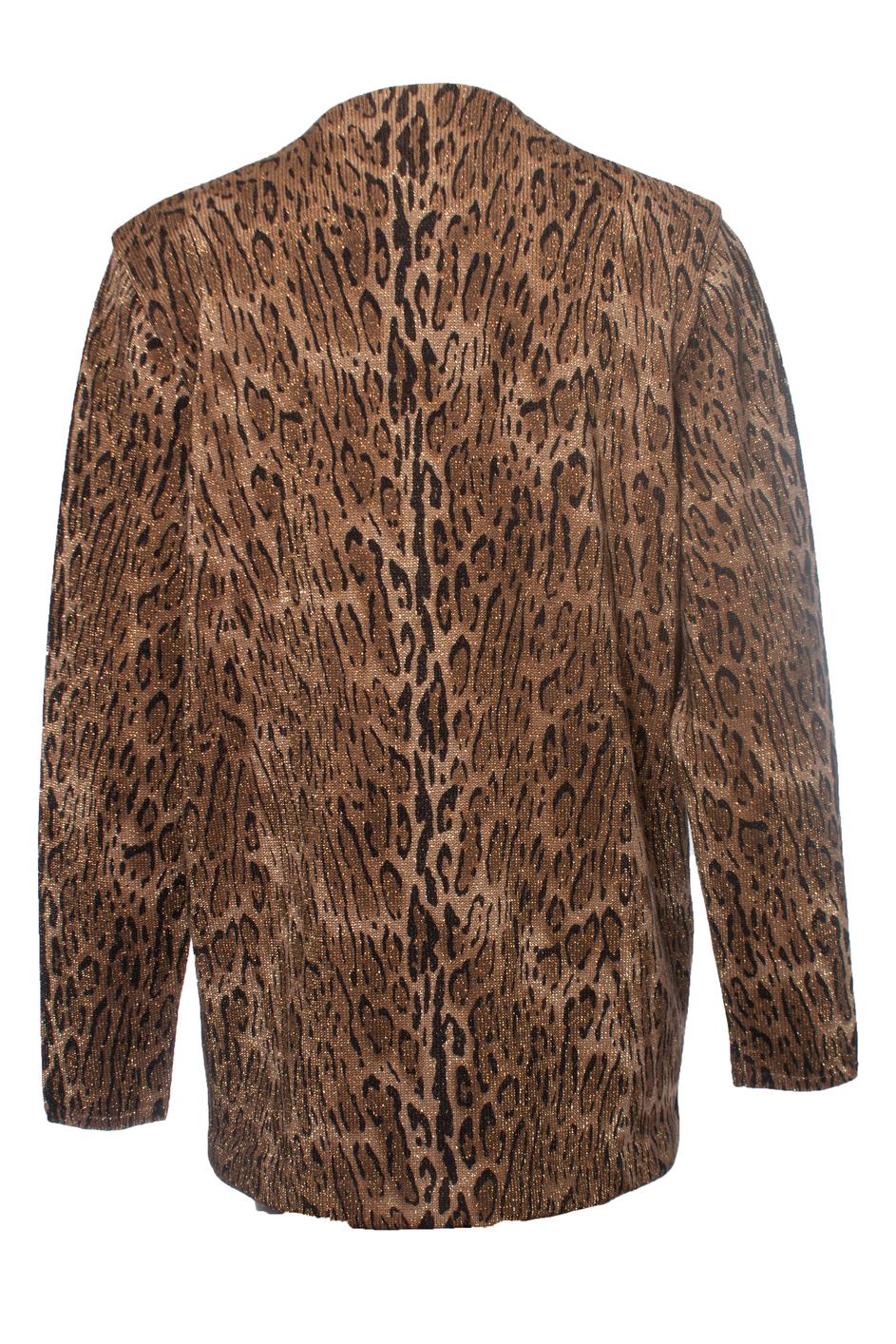 Saint Laurent Strickjacke aus laméfarbener Wolle mit Leopardenmuster (Braun) im Angebot