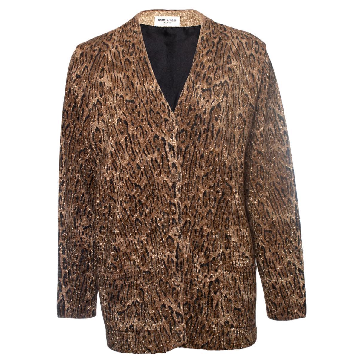 Saint Laurent Strickjacke aus laméfarbener Wolle mit Leopardenmuster im Angebot