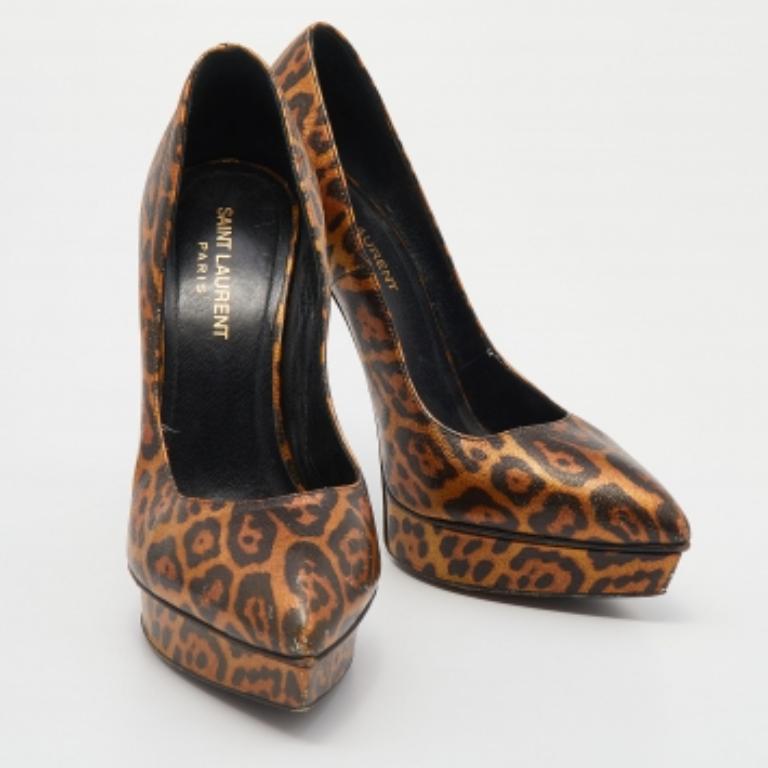 De las mujeres Saint Laurent Bombas de plataforma con puntera en punta Janis de piel con estampado de leopardo talla 38 en venta