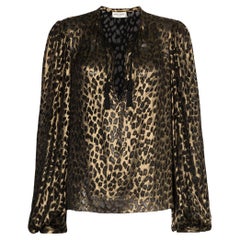 Saint Laurent Leopard Print Pirate Tassel Silk Blouse Size 38