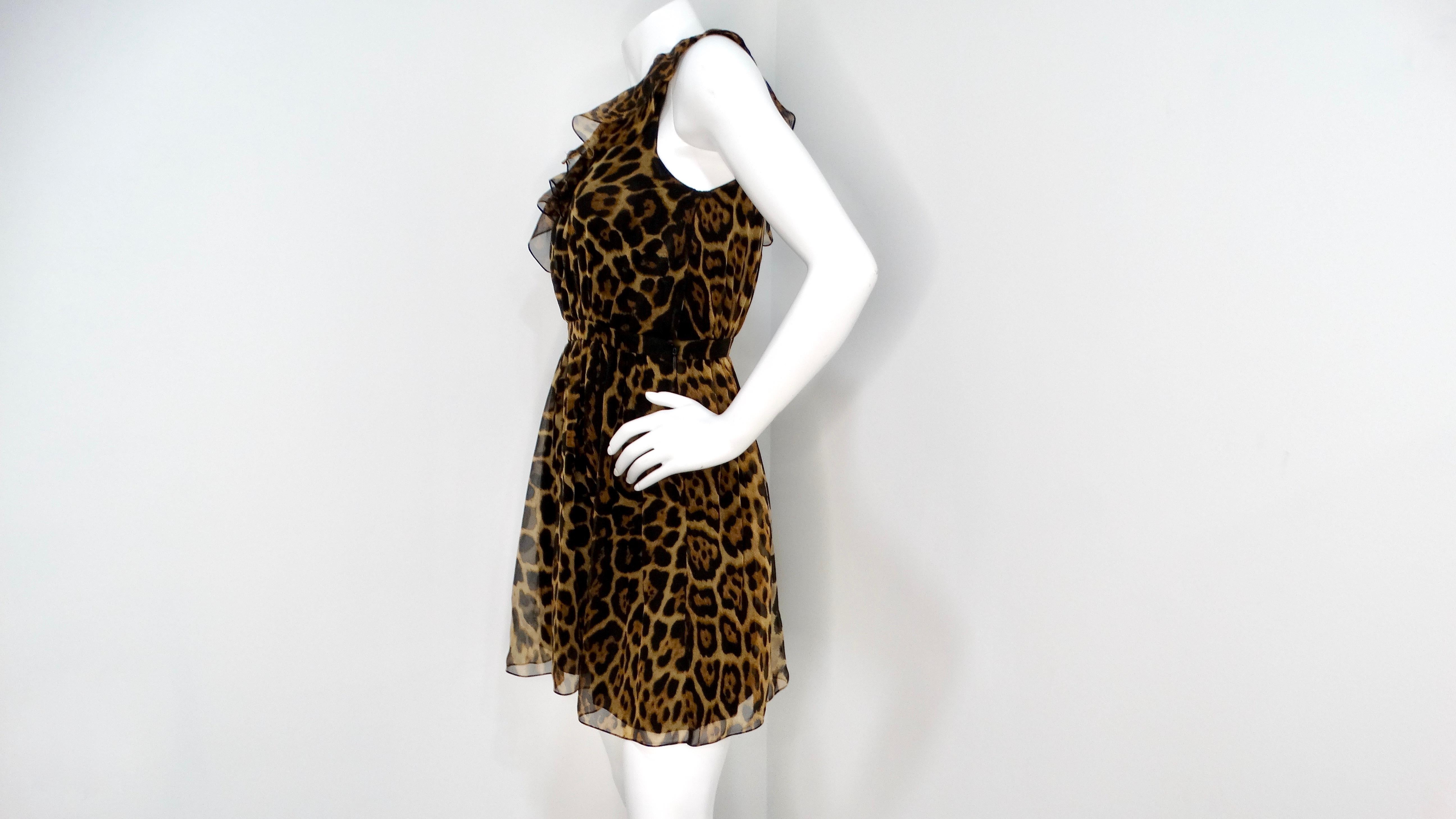 Black Saint Laurent Leopard Print Silk Off-The-Shoulder Mini Dress For Sale