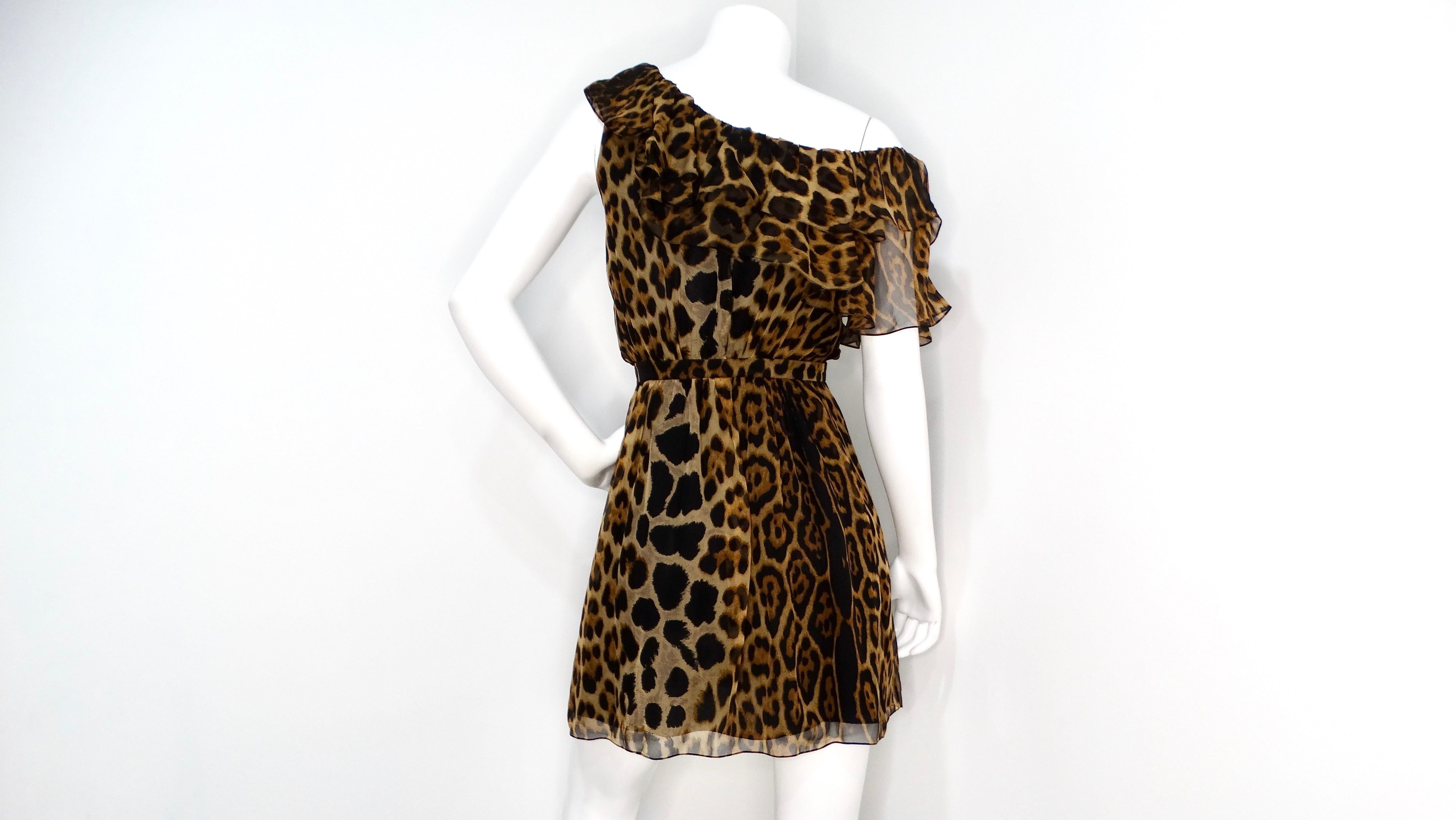 Women's Saint Laurent Leopard Print Silk Off-The-Shoulder Mini Dress For Sale