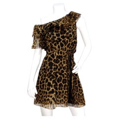Saint Laurent Leopard Print Silk Off-The-Shoulder Mini Dress