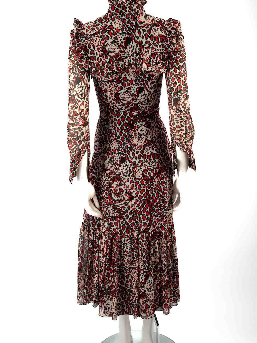 Saint Laurent Leopard Print Silk Ruffle Accent Midi Dress Size XS In Excellent Condition In London, GB