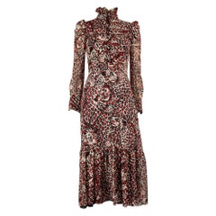 Saint Laurent Leopard Print Silk Ruffle Accent Midi Dress Size XS