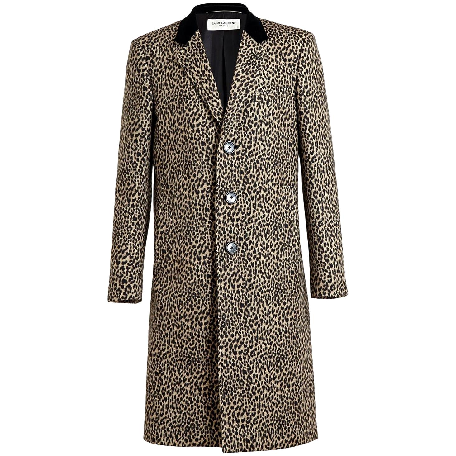 Saint Laurent Leopard Print Wool Single Breasted Coat

- Soft pure wool 
- Leopard print design 
- Single breasted front fastening
- Notched lapel 
- Velvet collar 
- False chest and side welt pockets 
- Buttoned cuffs 
- Back vent
- Longline 
-
