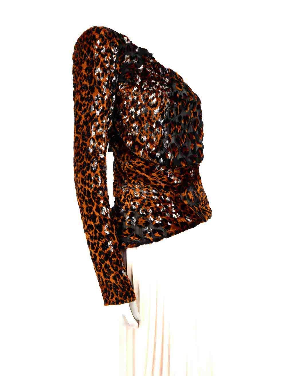 CONDITION is Very good. Hardly any visible wear to top is evident on this used Saint Laurent designer resale item.
 
 
 
 Details
 
 
 Multicolour - black and orange
 
 Velvet
 
 Top
 
 Leopard pattern
 
 Silver metallic threads
 
 One shoulder
 
