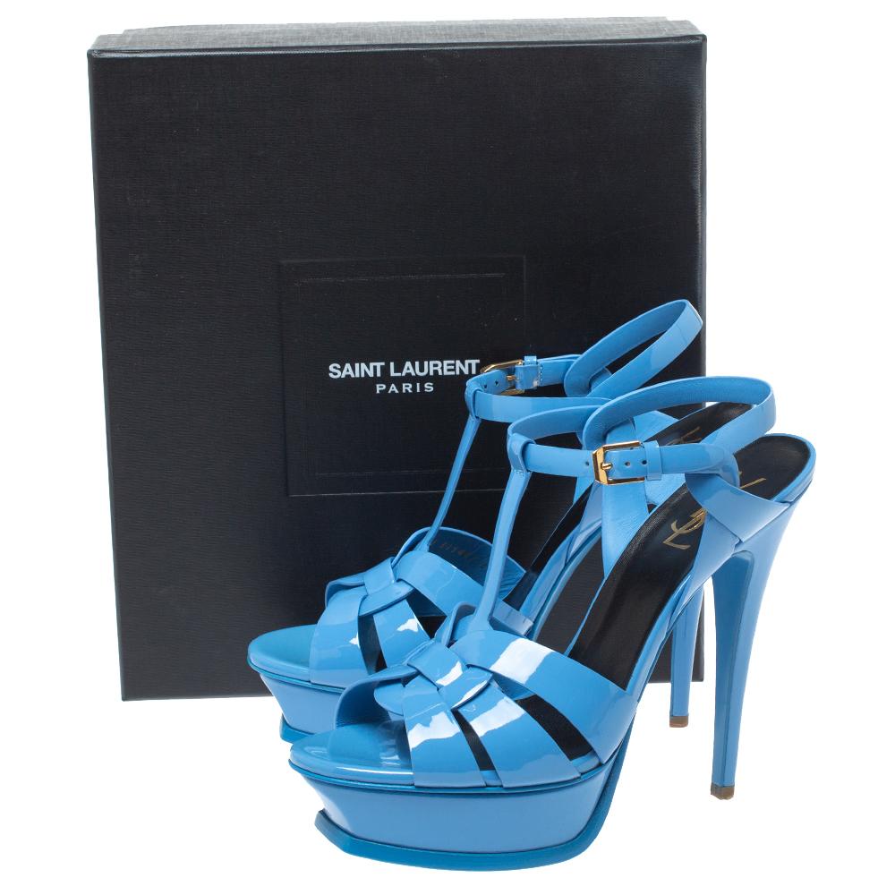 Saint Laurent Light Blue Patent Leather Tribute Platform Sandals Size 39.5 1