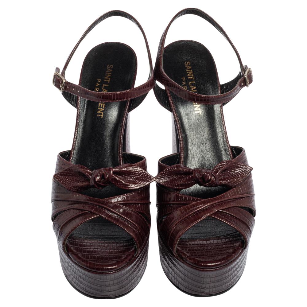 Noir Saint Laurent Sandales Candy à plateforme en cuir gaufré lézard avec nœud papillon, Taille 37