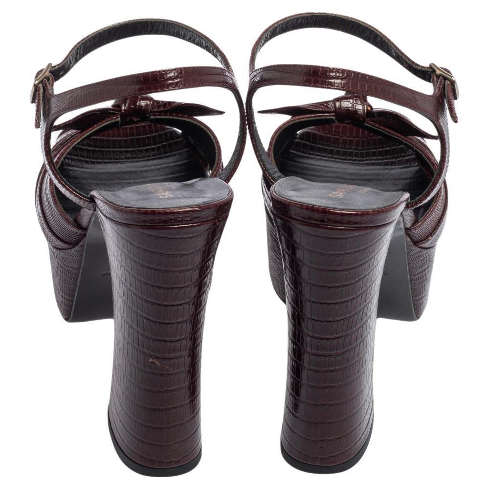 Women's Saint Laurent Lizard Embossed Leather Bow Platform Candy Sandals Size 37