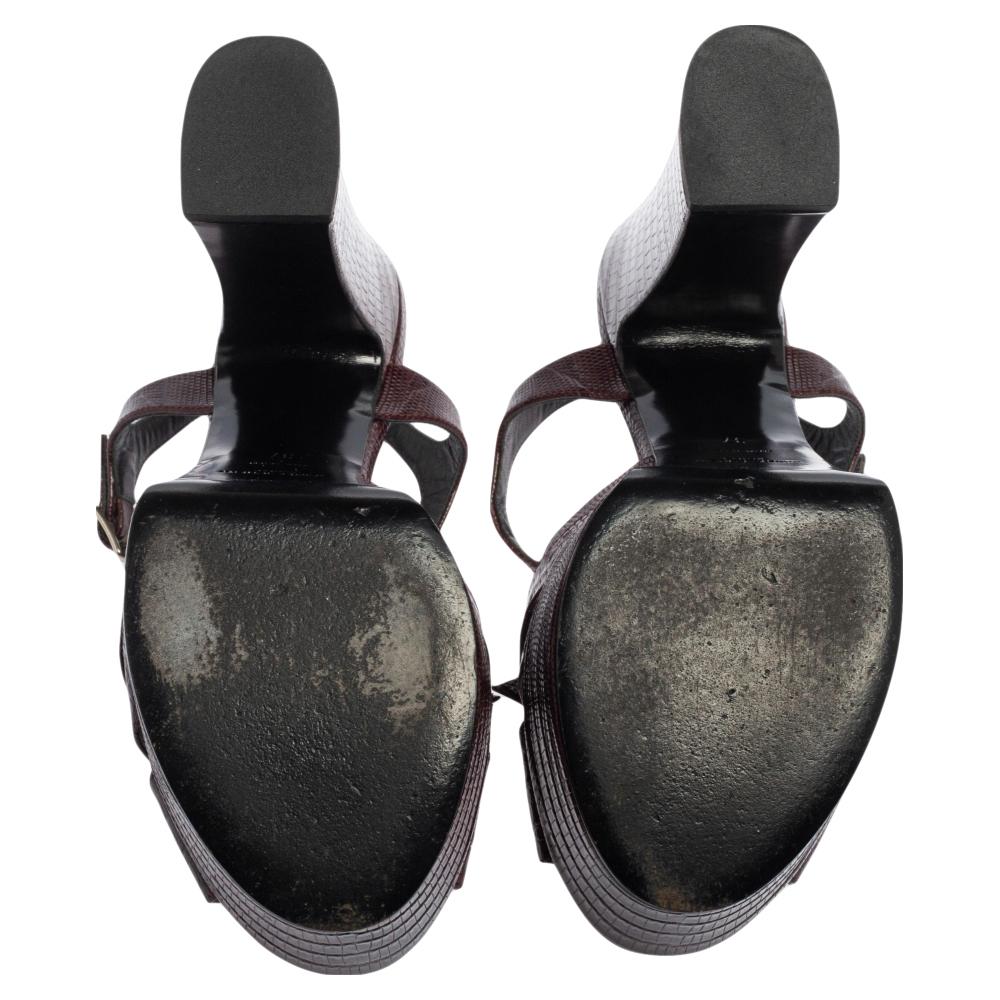Saint Laurent Lizard Embossed Leather Bow Platform Candy Sandals Size 37 2