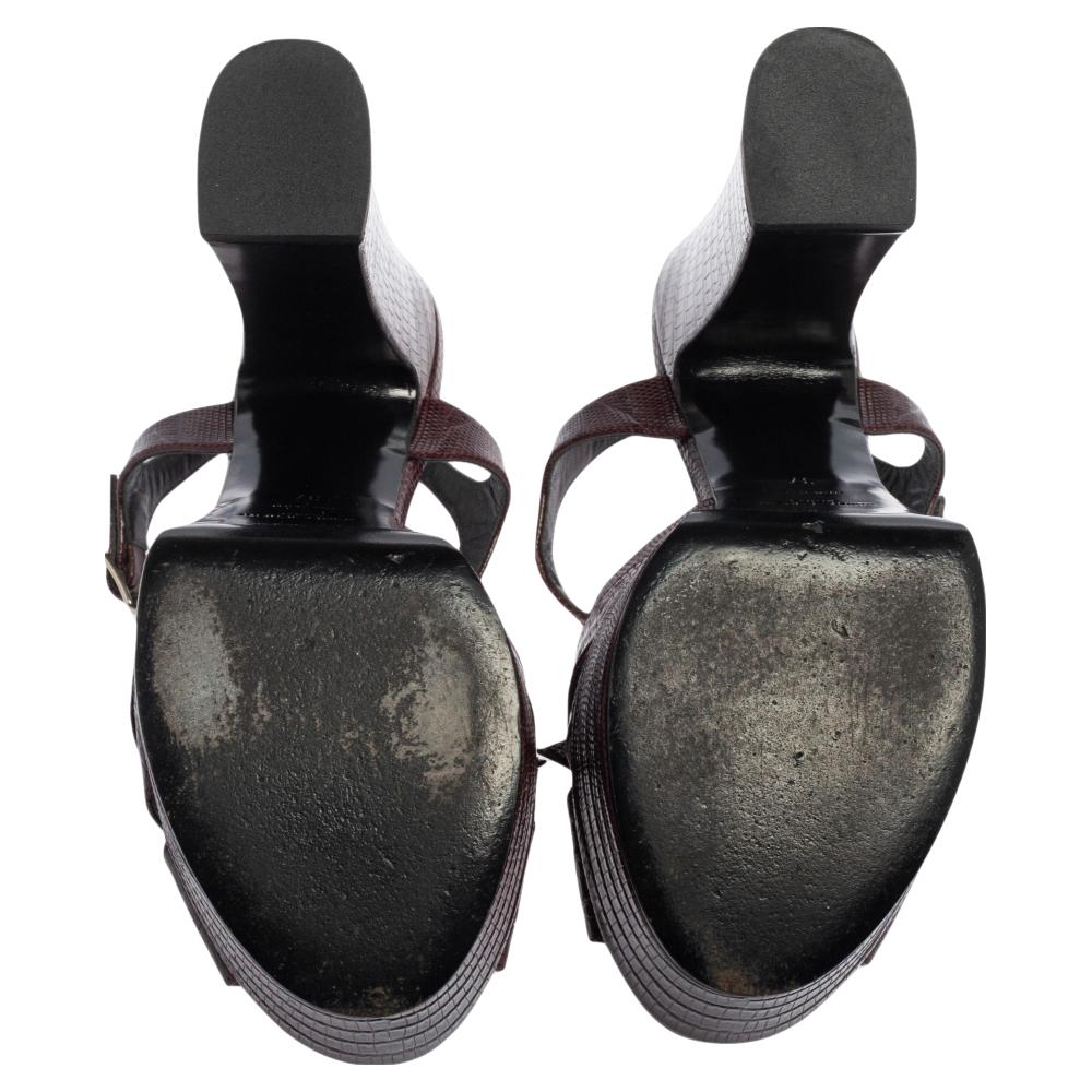 Saint Laurent Sandales Candy à plateforme en cuir gaufré lézard avec nœud papillon, Taille 37 1