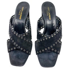 Saint Laurent Lou Black Suede Heel Mule Sandals Size 38.5