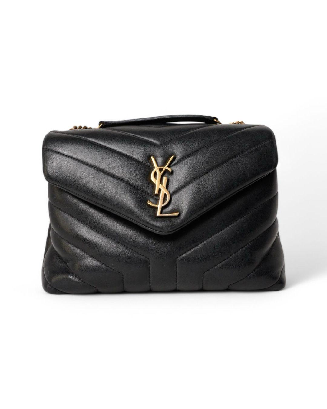 Saint Laurent signature bag, model Lou Lou in size Small, made of black quilted leather with gold hardware. Features a front flap with classic gold metal 'YSL' logo and magnetic button closure. The interior is lined in tone-on-tone fabric and