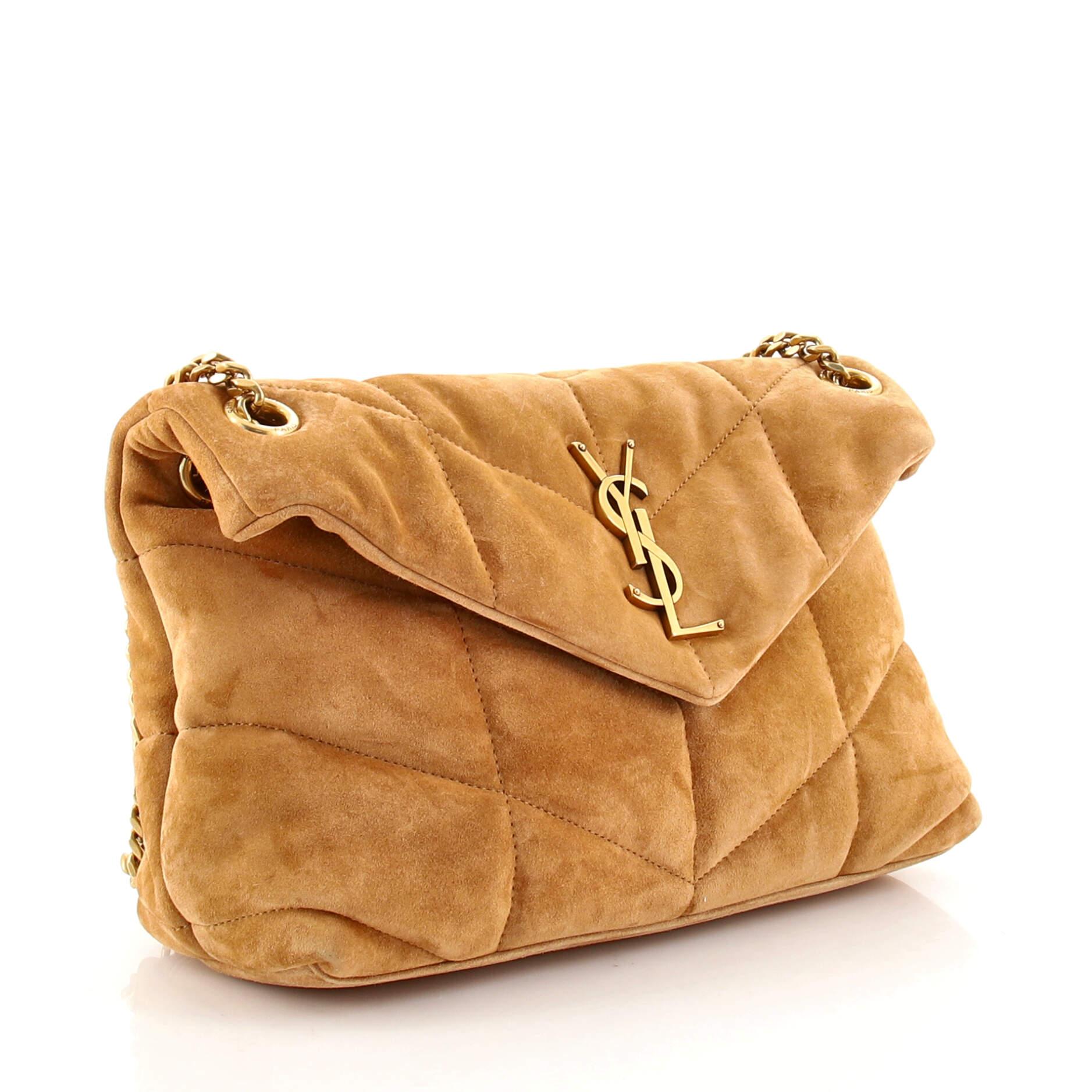 Brown Saint Laurent LouLou Puffer Shoulder Bag Quilted Suede Small