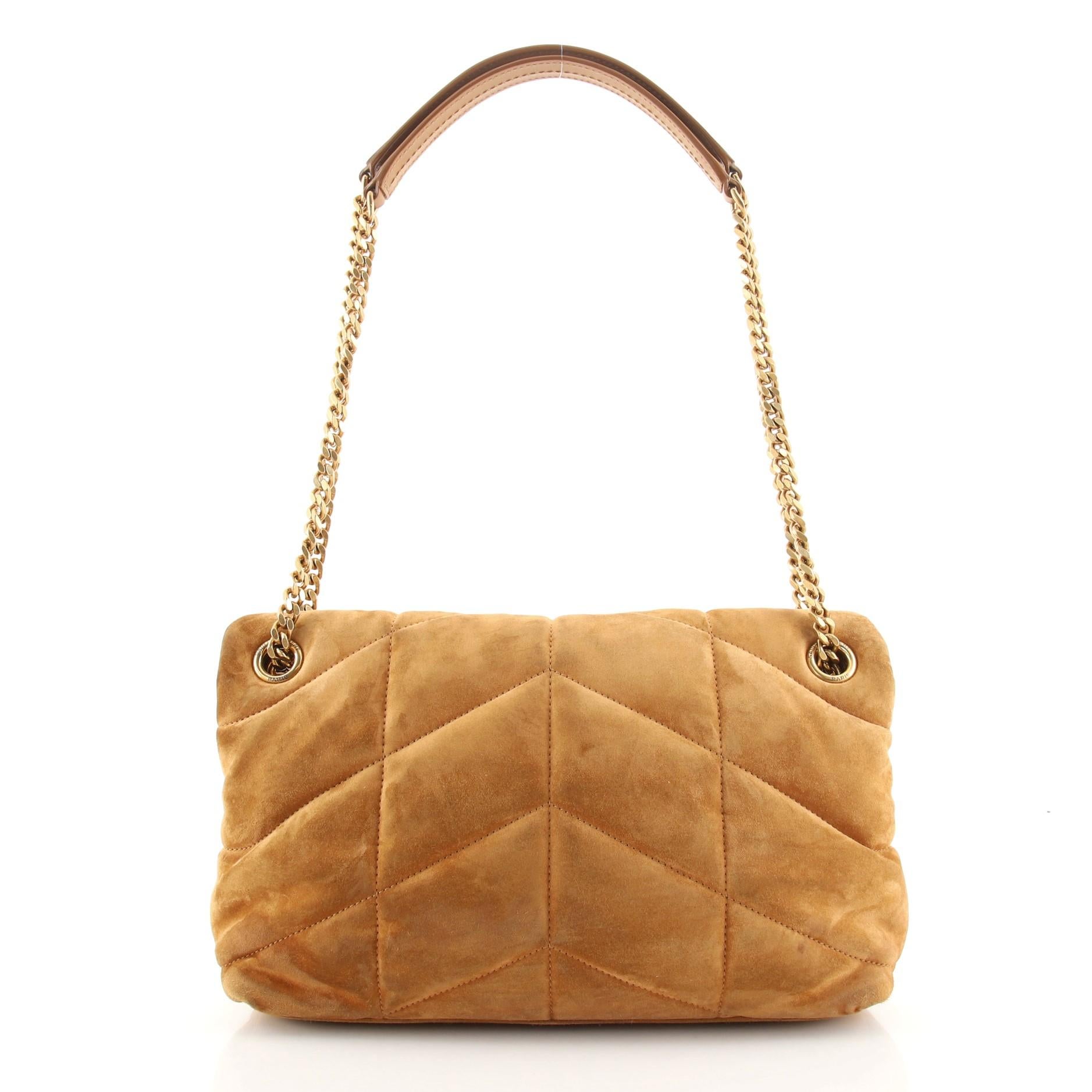 Brown Saint Laurent LouLou Puffer Shoulder Bag Quilted Suede Small