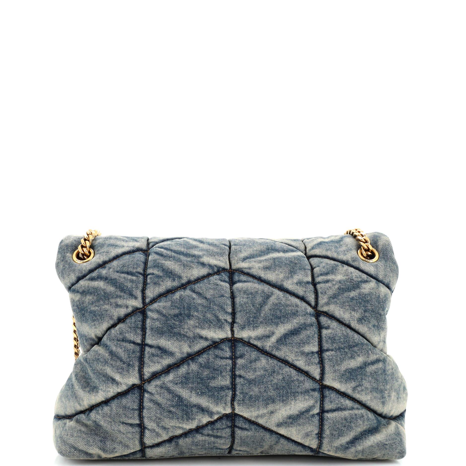 Saint Laurent Loulou Puffer Shoulder Bag Quilted Vintage Denim Medium In Good Condition In NY, NY