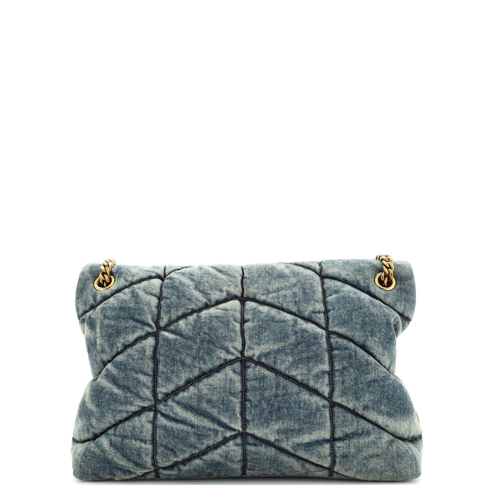 Saint Laurent Loulou Puffer Shoulder Bag Quilted Vintage Denim Medium In Good Condition In NY, NY
