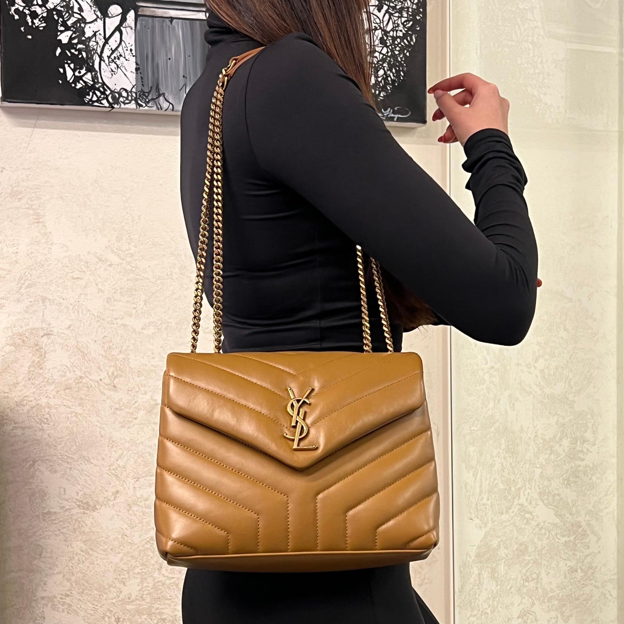  Saint Laurent Loulou Small Quilted Leather Dark Natural Crossbody Bag In New Condition In New York, NY