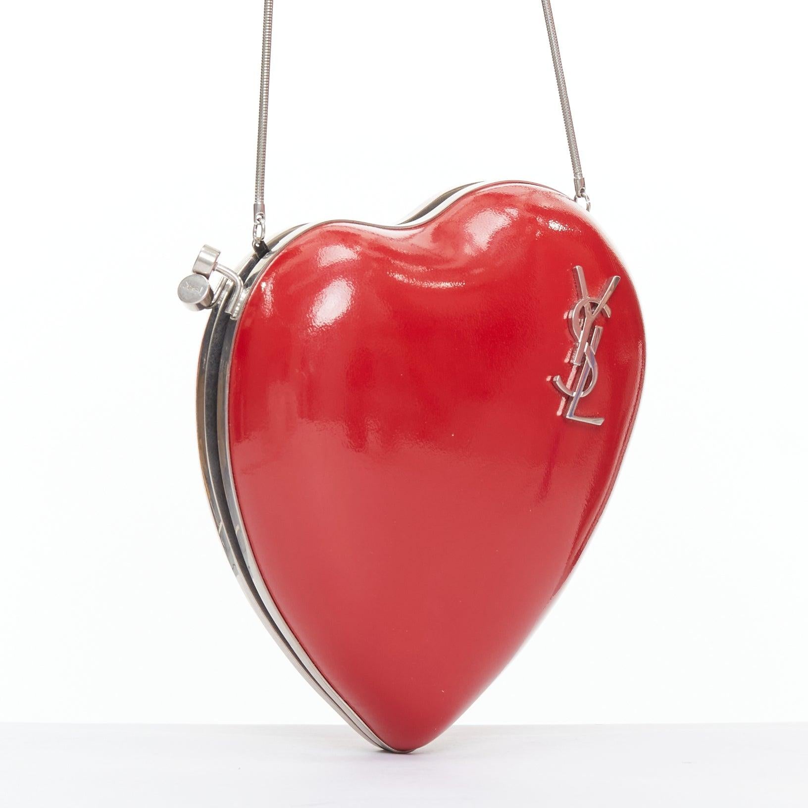 Pink SAINT LAURENT Love Box red patent silver YSL logo heart box clutch chain bag