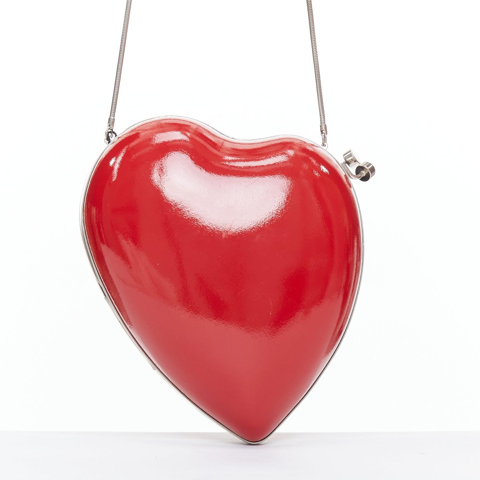 Women's SAINT LAURENT Love Box red patent silver YSL logo heart box clutch chain bag