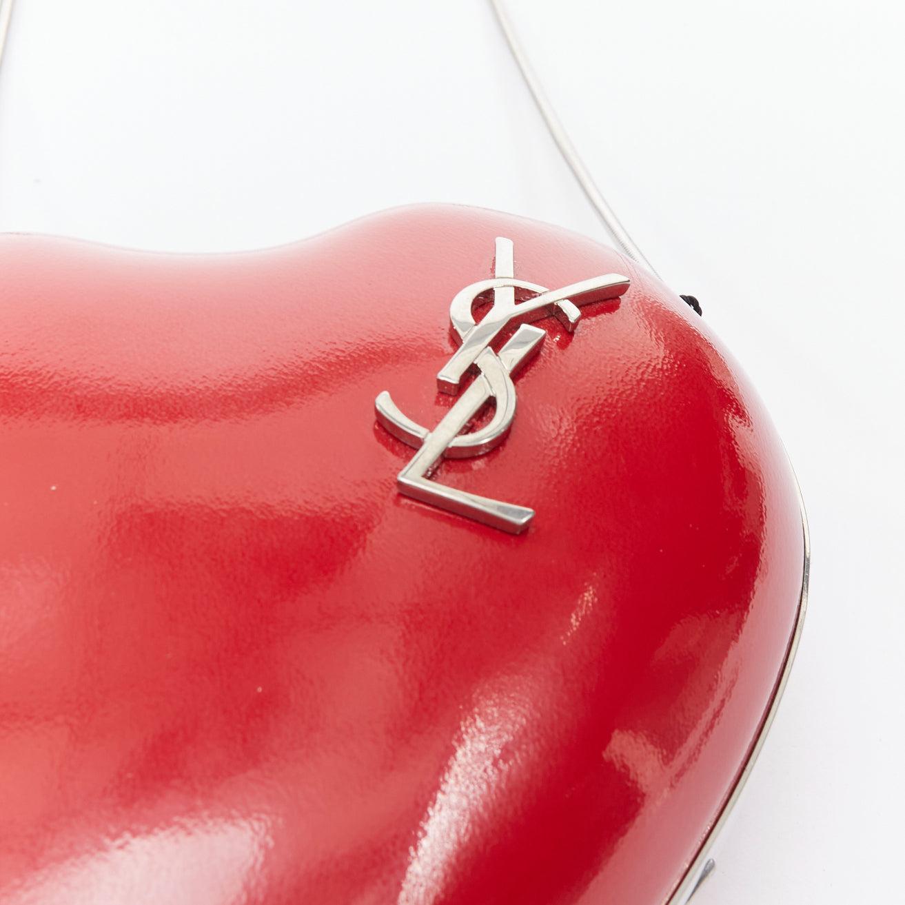 SAINT LAURENT Love Box red patent silver YSL logo heart box clutch chain bag 2