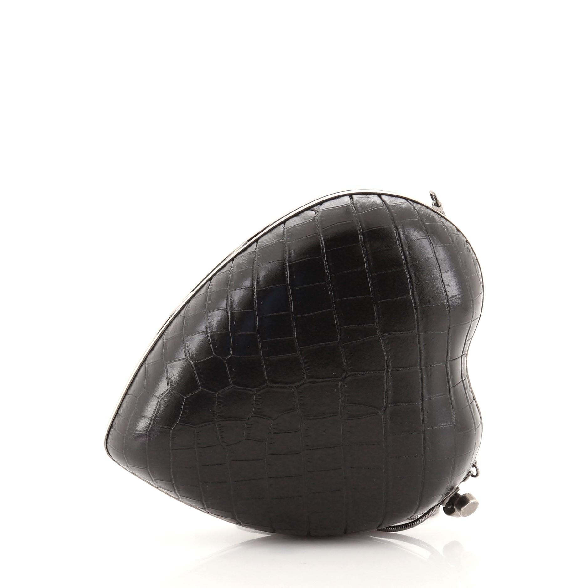 Black Saint Laurent Love Heart Chain Clutch Crocodile Embossed Leather