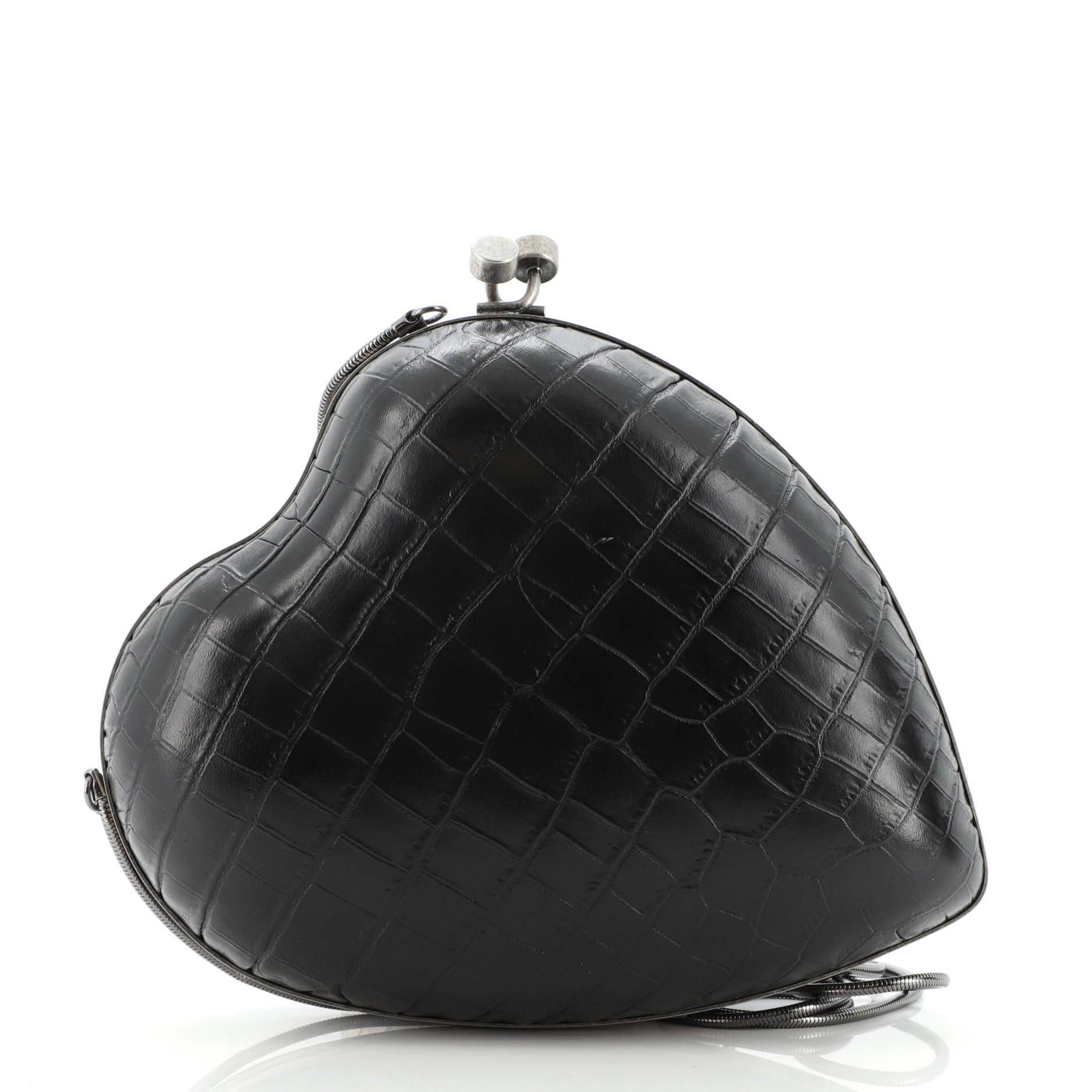 Black Saint Laurent Love Heart Chain Clutch Crocodile Embossed Leather