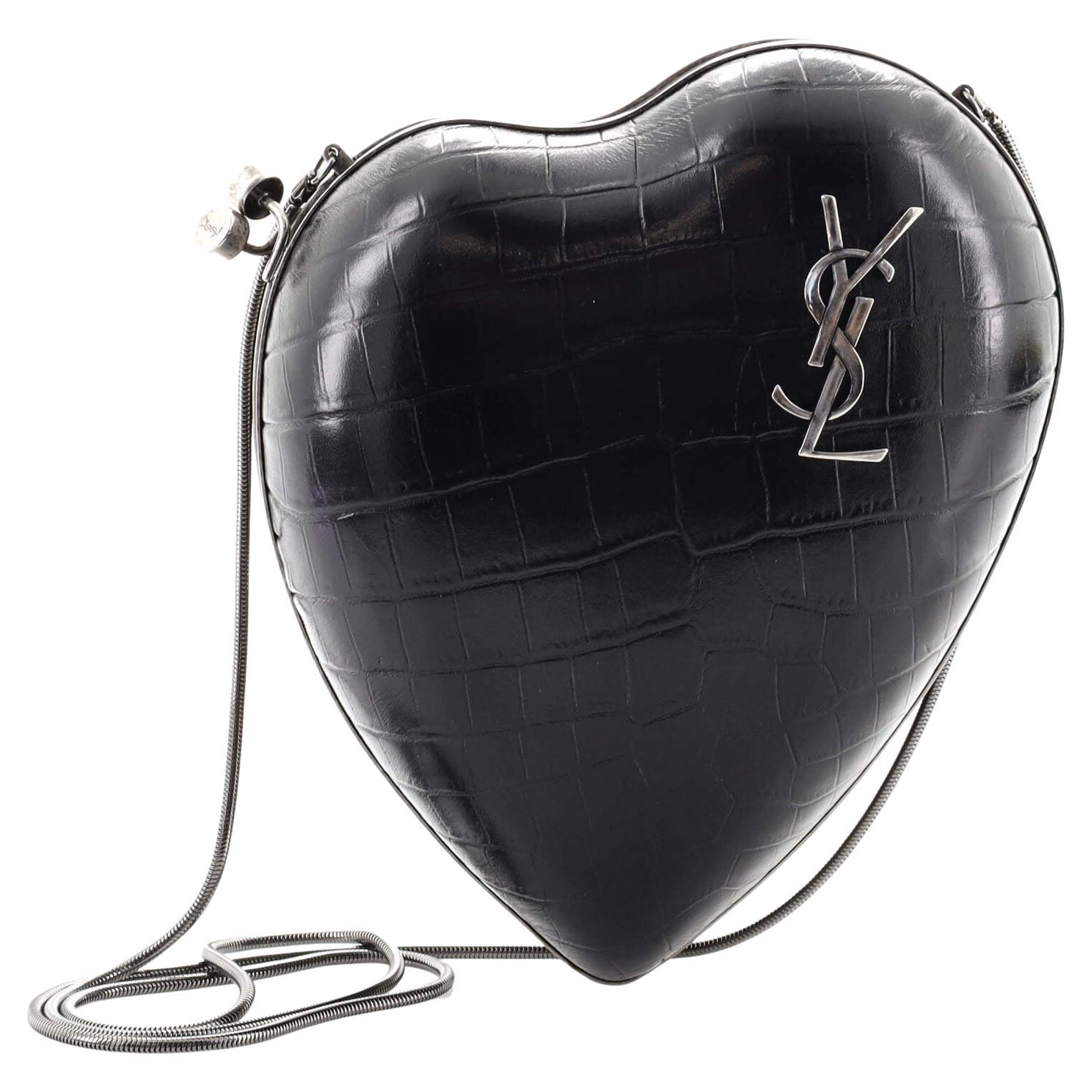 Saint Laurent Love Heart Chain Clutch Crocodile Embossed Leather