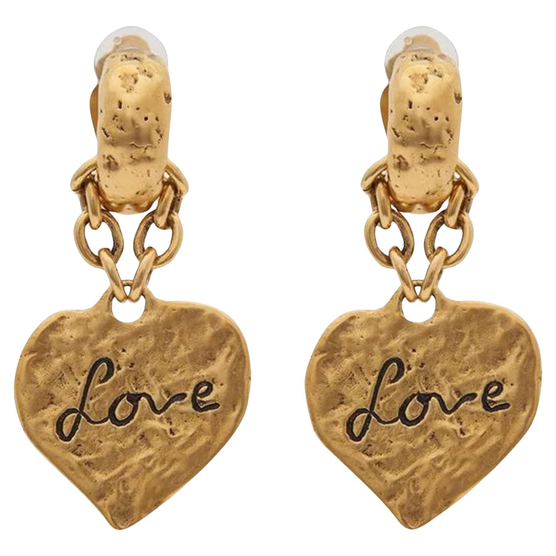 Saint Laurent Love Heart Gold Hammered Clip-on Earrings For Sale