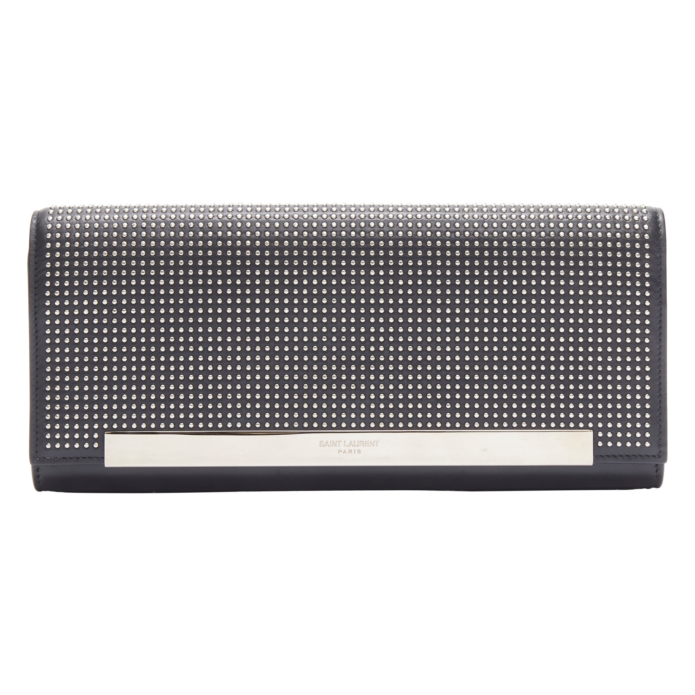 SAINT LAURENT Lutetia black leather silver micro stud flap long clutch bag