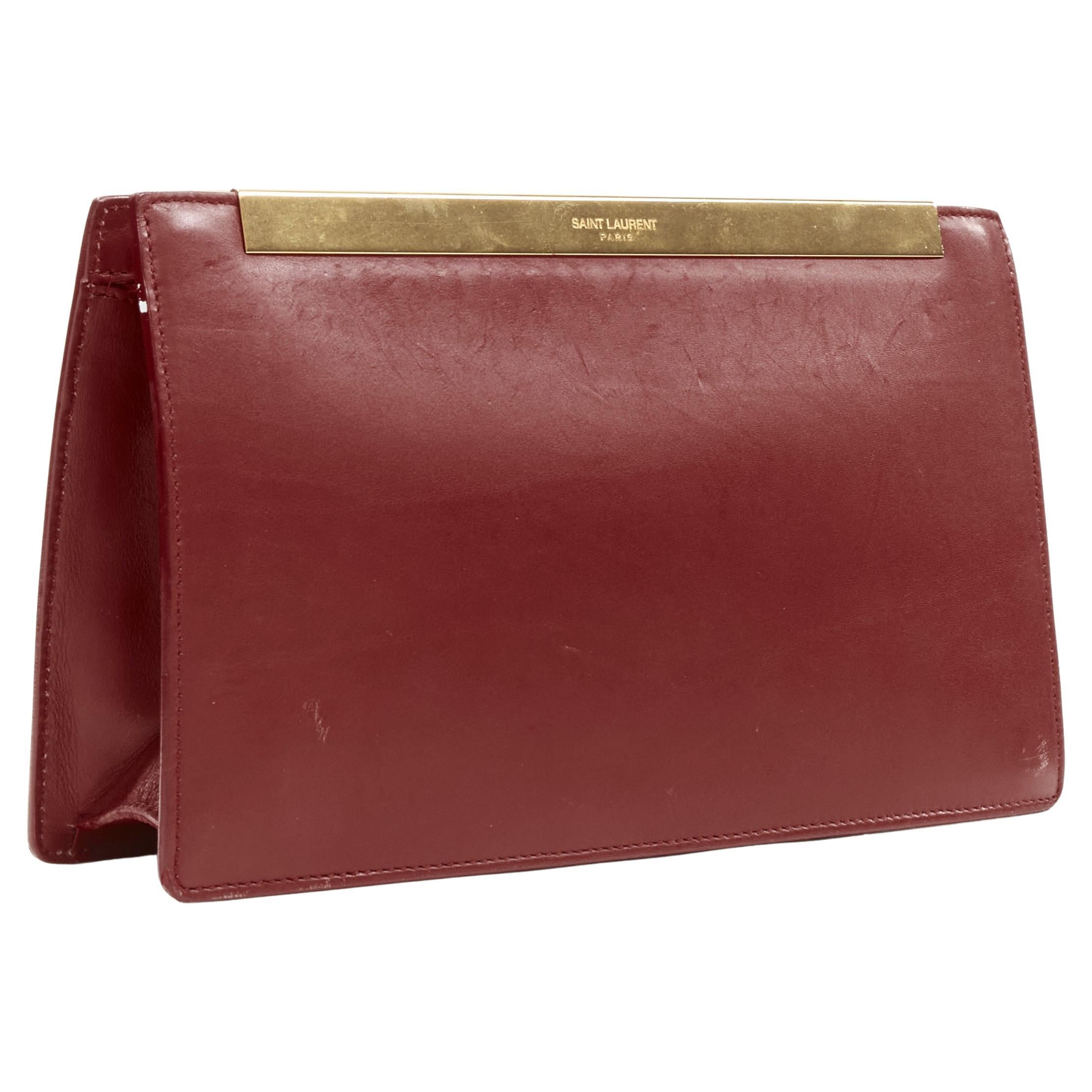 SAINT LAURENT Lutetia gold metal bar red leather rectangular clutch bag