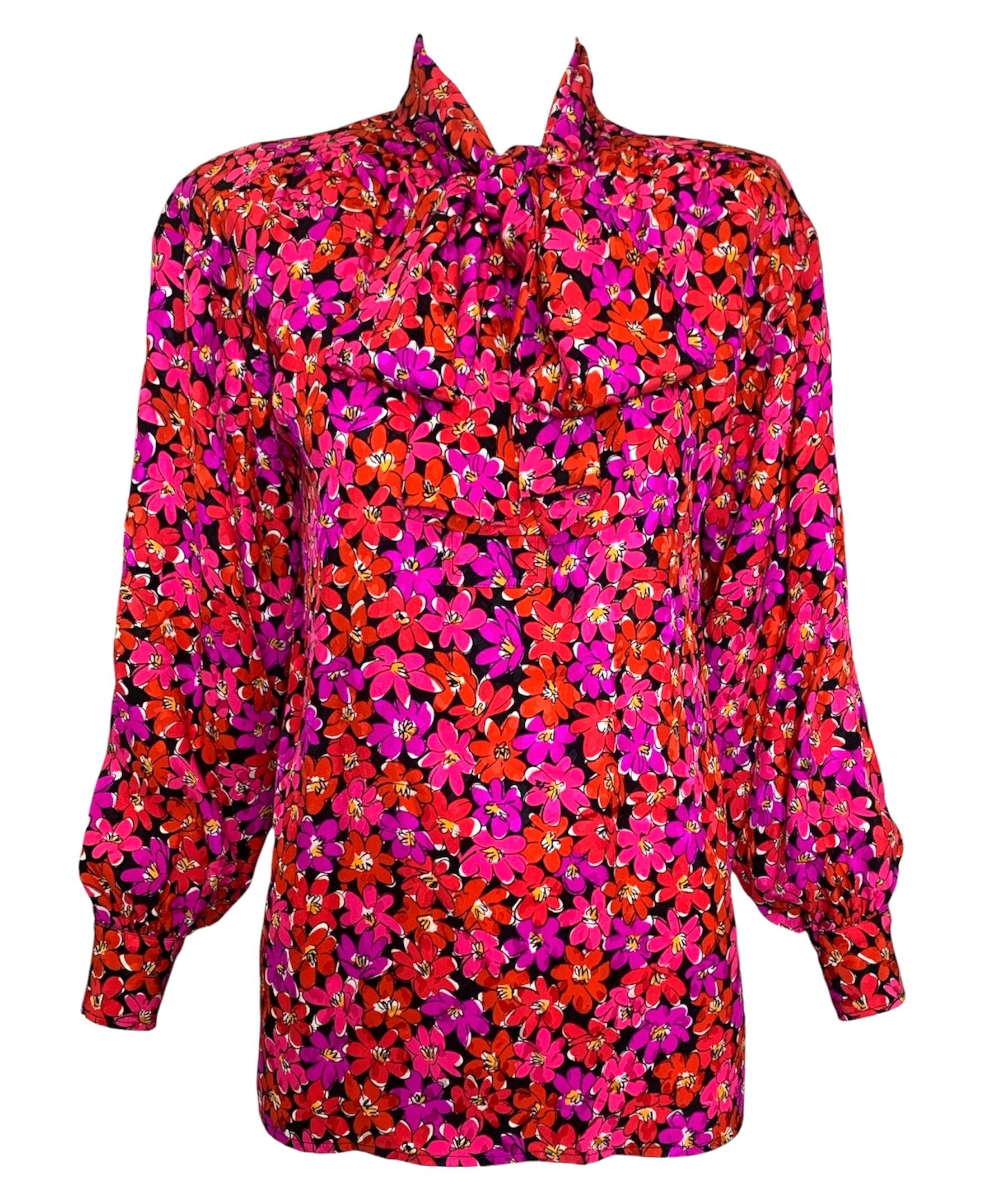 Beige Saint Laurent - Vestito in seta magenta con stampa floreale, 1989 in vendita