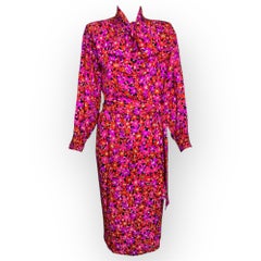 Saint Laurent Magenta Silk Floral Print Dress Ensemble, 1989