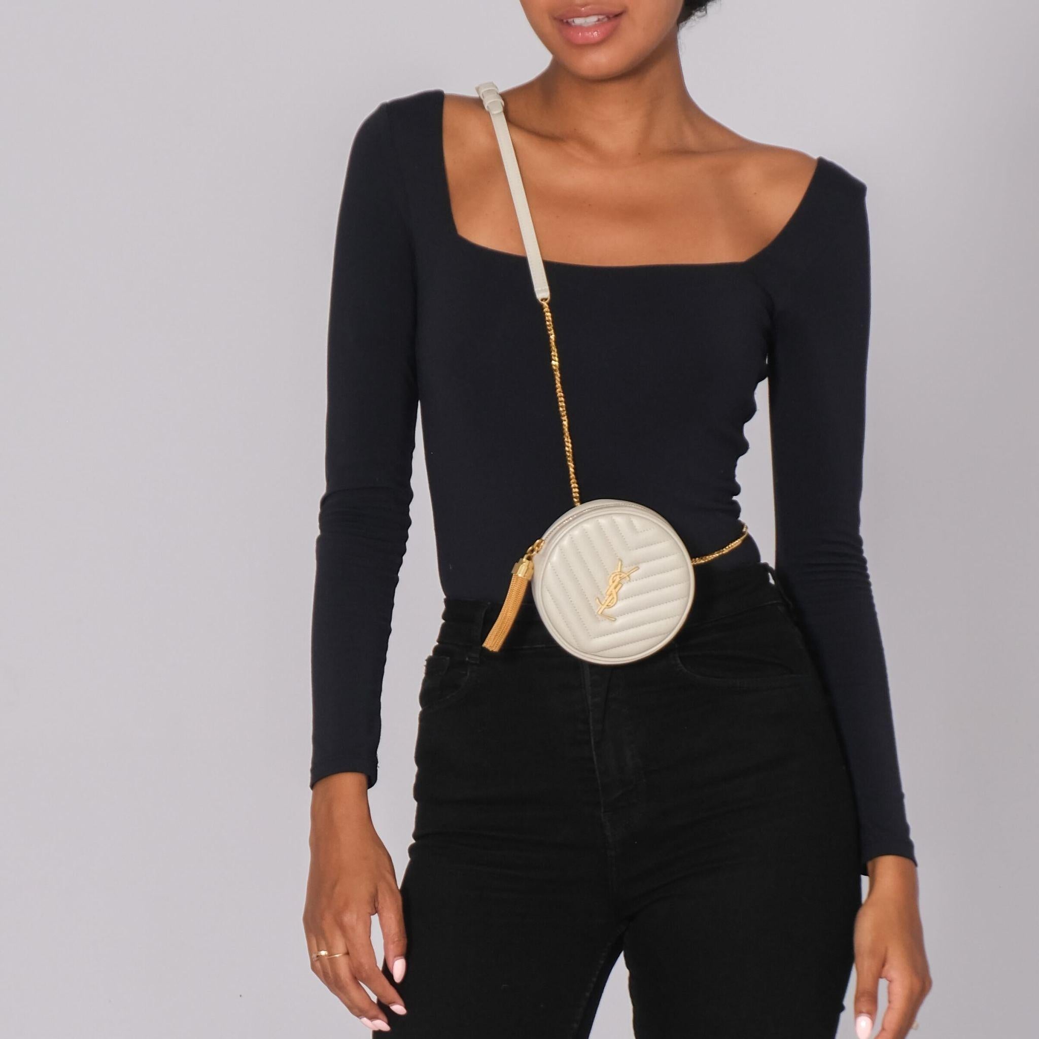 White Saint Laurent Matelasse Chevron Ivory Round Bag