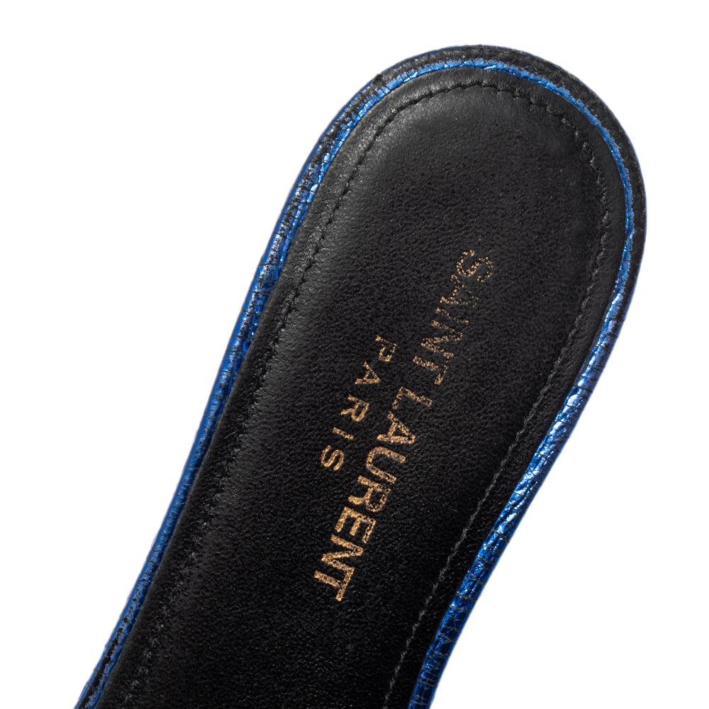 Women's Saint Laurent Meatllic Blue Crinkled Leather Tribute Flat Slides Size 37.5