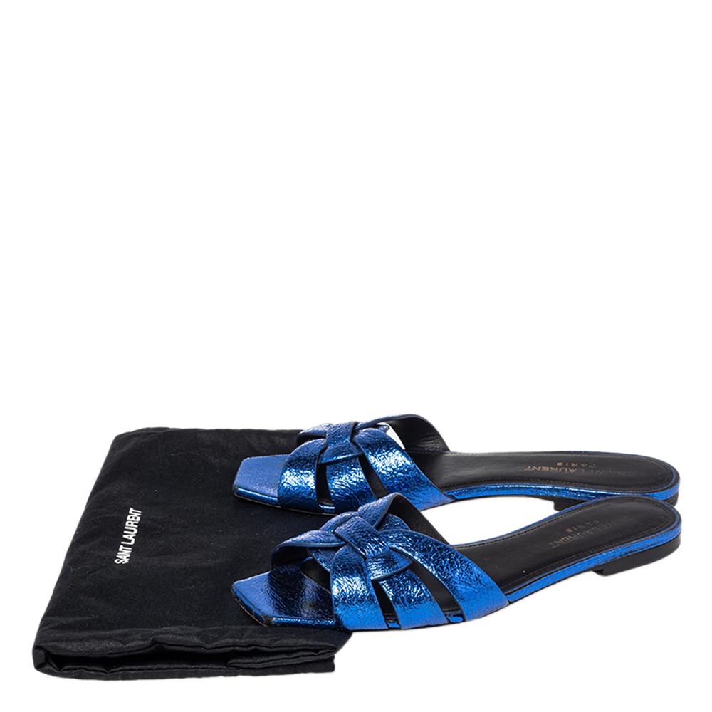 Saint Laurent Meatllic Blue Crinkled Leather Tribute Flat Slides Size 37.5 1