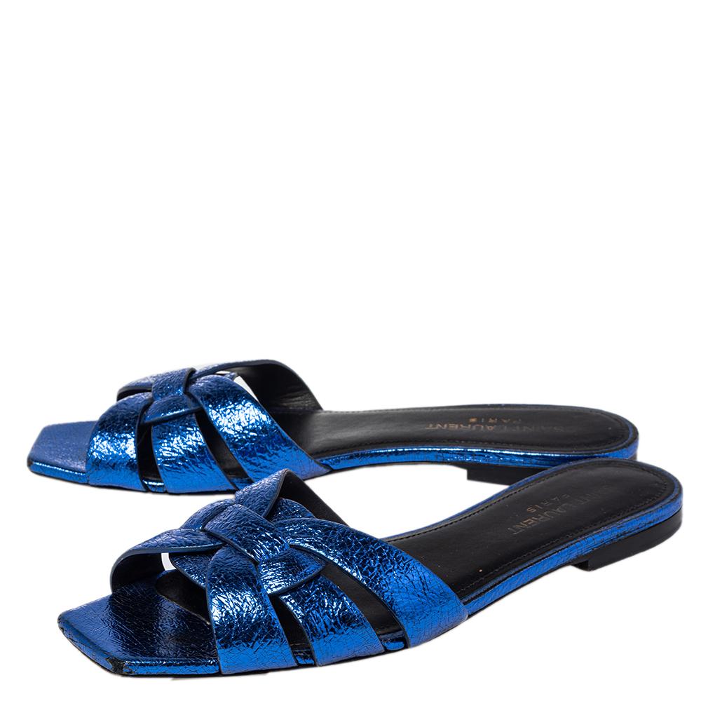 Saint Laurent Meatllic Blue Crinkled Leather Tribute Flat Slides Size 37.5 2