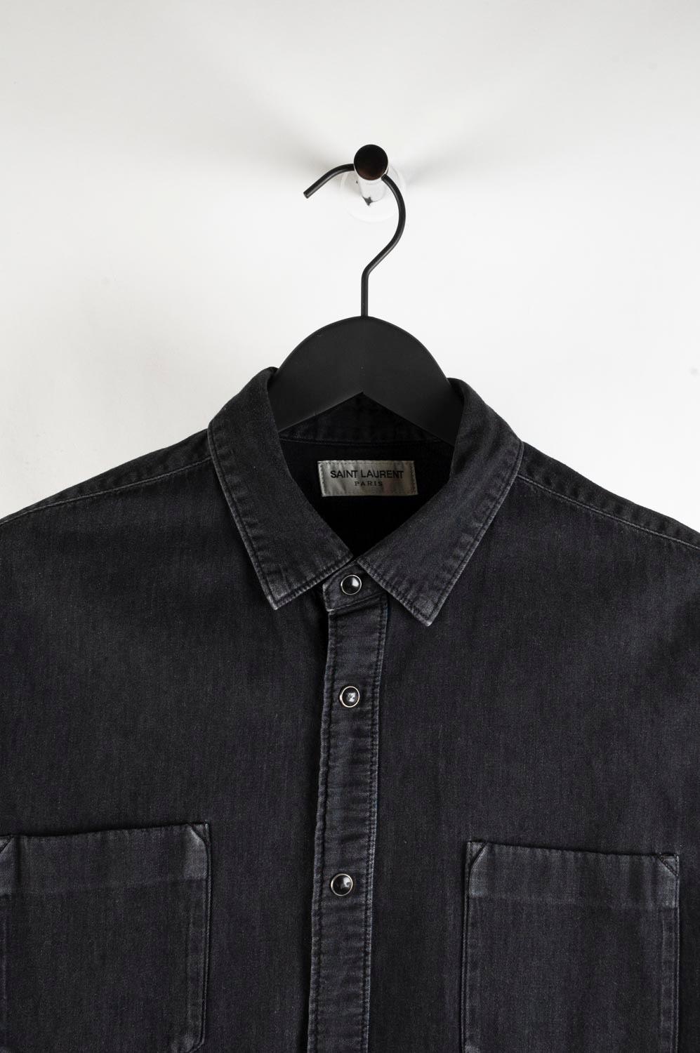 Item for sale is 100% genuine Saint Laurent Men Denim Shirt, S473
Color: grey
(An actual color may a bit vary due to individual computer screen interpretation)
Material: 100% cotton
Tag size: M 
This shirt is great quality item. Rate 8 of 10, good