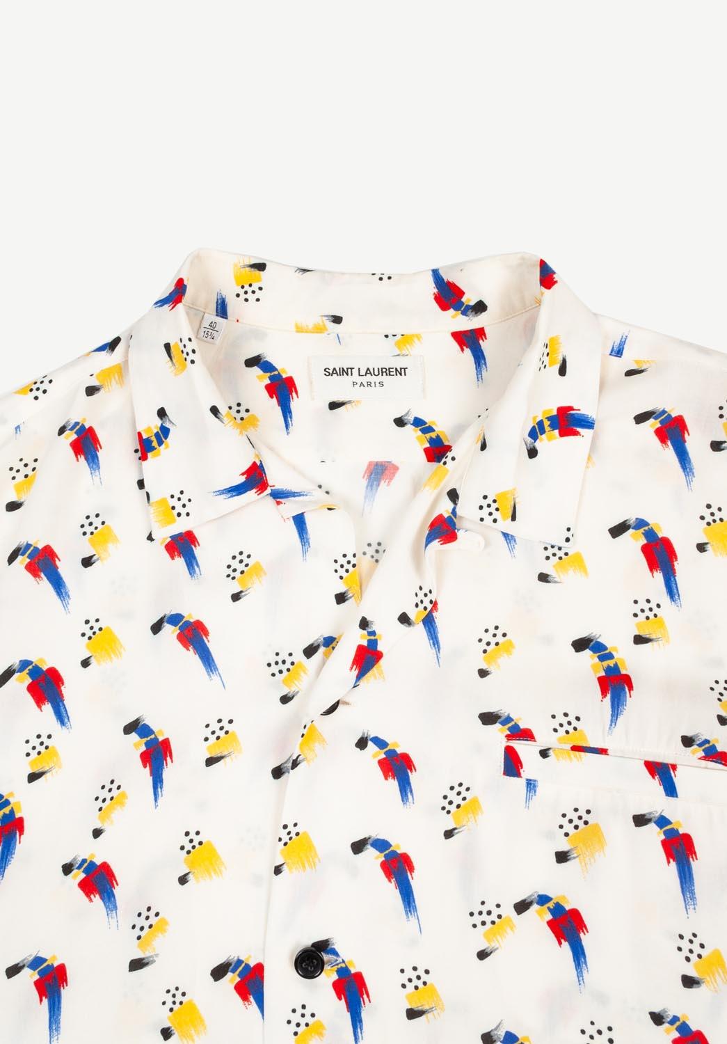 100% genuine Saint Laurent Summer Shirt, S639 
Color: multi
(An actual color may a bit vary due to individual computer screen interpretation)
Material: 100% viscose
Tag size: Large
This shirt is great quality item. Rate 9 of 10, excellent