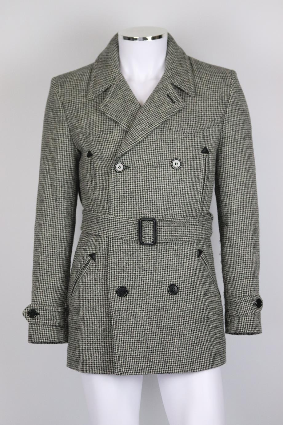 Saint Laurent men's belted double breasted wool jacket. Black and white. Long sleeve, v-neck. Button and tie fastening at front. 100% Wool; lining: 55% cotton, 45% cupro. Size: IT 50 (Large, EU 50, UK/US Chest 40). Shoulder to shoulder: 18 in.