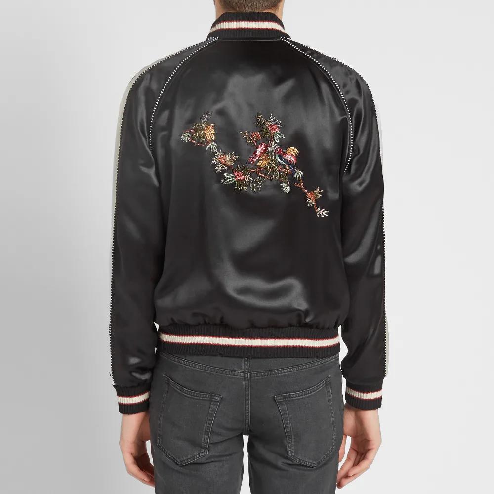 Black Saint Laurent Mens Birds Of Paradise Embroidered Teddy / Varsity Jacket Size 48
